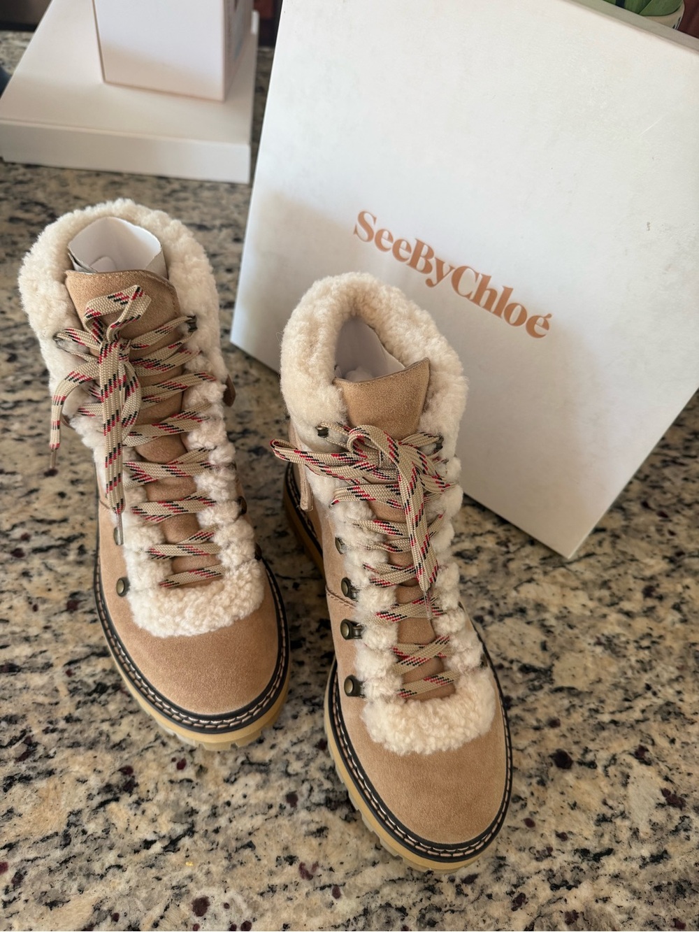 See By Chloé Eileen Tan Suede Lace-Up Sherpa Boots - Picture 2 of 10